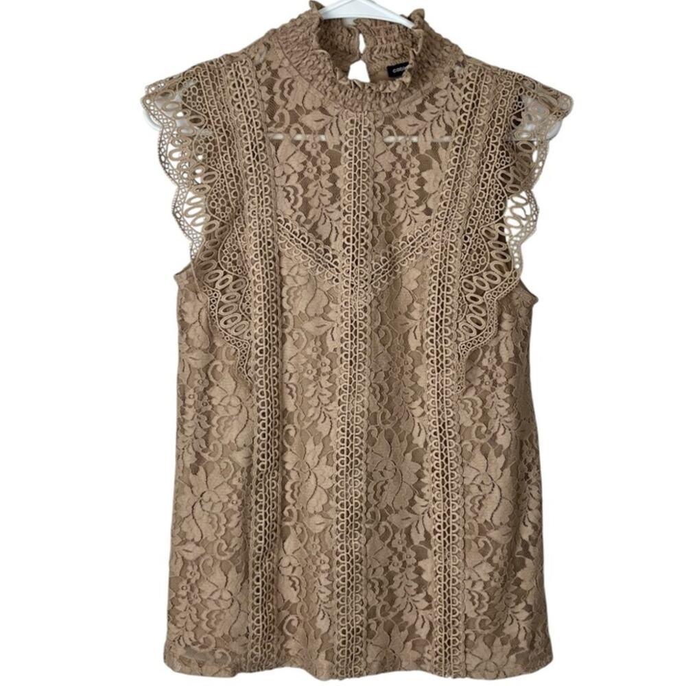Cable & Gauge Tan Lace Hi Neck Sleeveless Blouse Top Sz XL Feminine Coquette Vtg - Picture 2 of 7